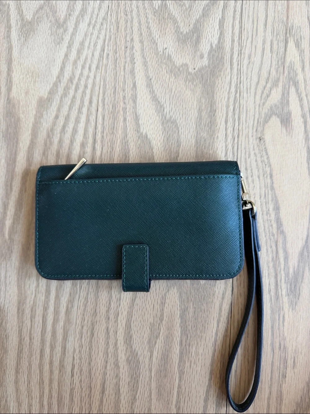 Tory Burch Dark Green Saffiano Wristlet Card Holder with Gold Logo